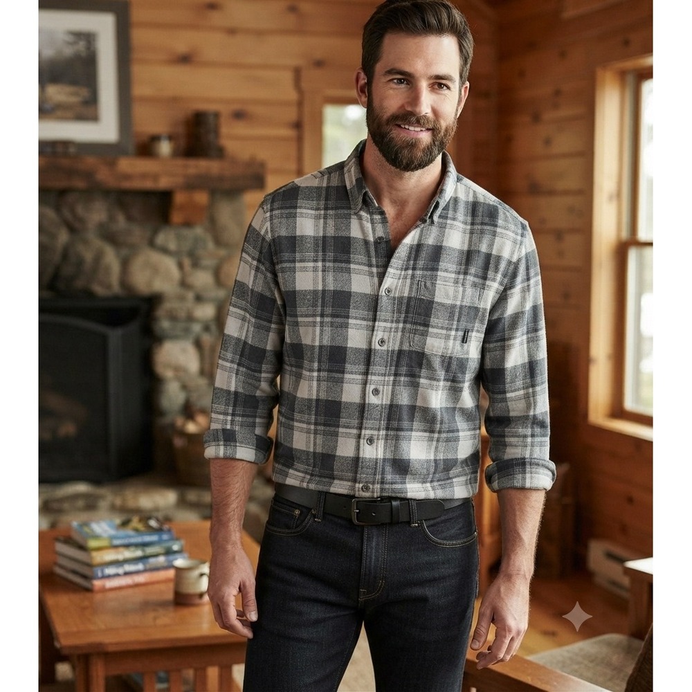 Eddie Bauer Mens Gray White Plaid Flannel Button Down Shirt Large L Long Sleeve